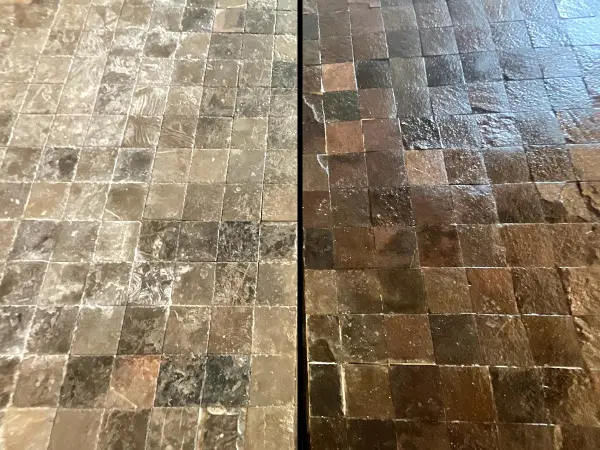 Restauración y limpieza profunda de piso de piedra natural antes y después